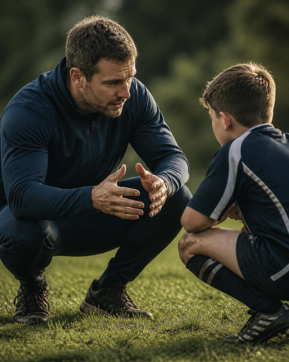 Coach Sam Britton speaking with a young player on the pitch