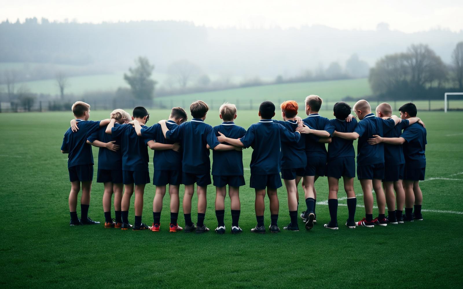 Team of young rugby players in a huddle on a Yorkshire pitch